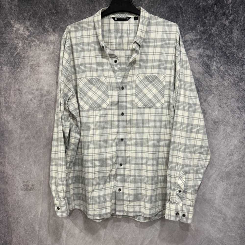 Travis Mathew XL Gray White Plaid Long Sleeve Button Front Shirt Rayon Blend